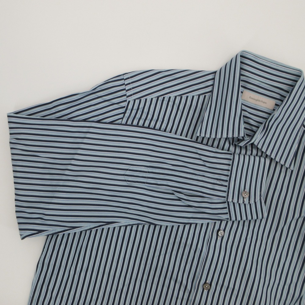 Ermenegildo Zegna Mens Blue Striped Cotton Long Sleeve Button Down Shirt Large